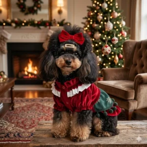 Burgundy Christmas Dog Dress with Bow Trim