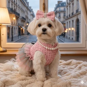 Pink Tweed Dog Dress Set with Bow Tie