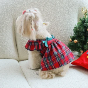 Christmas Plaid Dog Dress with Bow