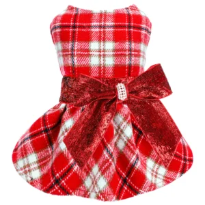 Plaid Fleece Dog Sweater Dress with Bow