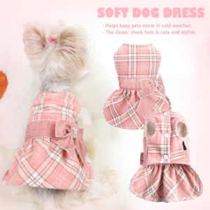 Plaid Fleece Dog Sweater Dress with Bow